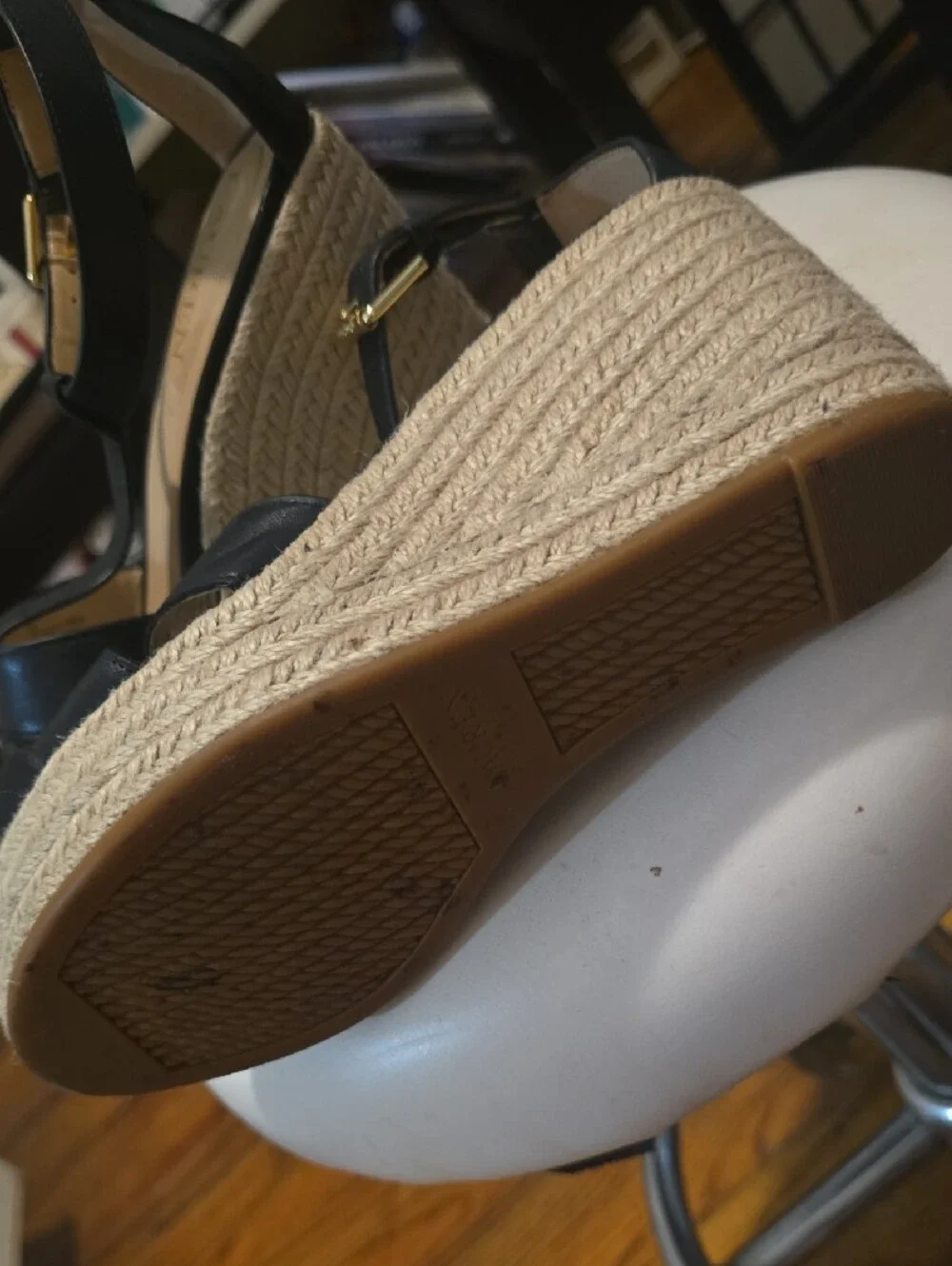 Ralph Lauren Black Leather RL Logo Espadrille Wedge Sandals